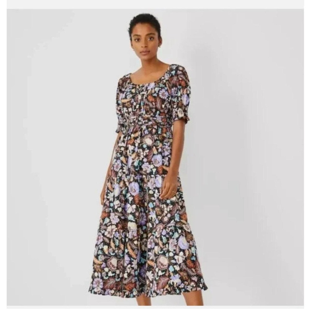 Ann Taylor Petite Floral Paisley Smocked Tiered Midi Dress Boho Cottagecore 10P